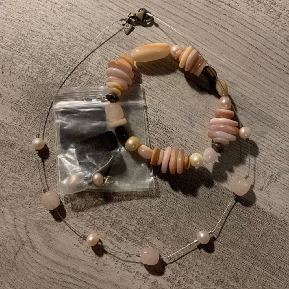 Silpada Silver Wire Freshwater Pearl Rose Quartz Necklace Bracelet and earrings
